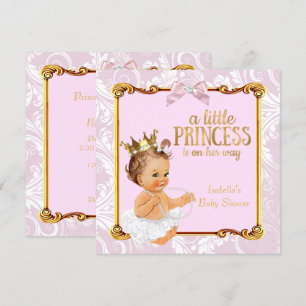 Invitation Bébé brun Princesse Baby Shower Blanc Rose Or