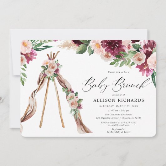 Invitation Bébé brunch boho rustique automne floral fille dou (Devant)