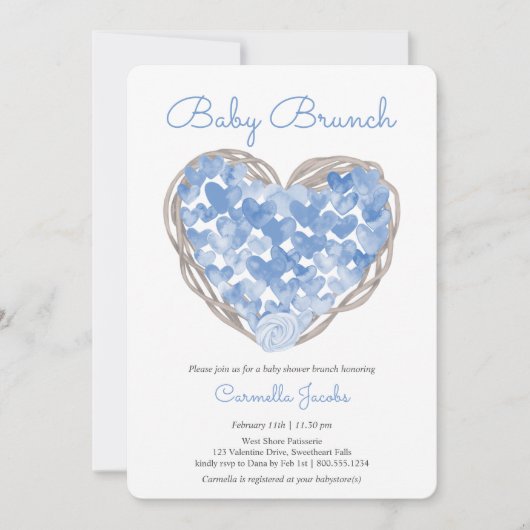 Invitation Bébé Brunch Coeurs Bleus Rustique Baby shower garç (Devant)