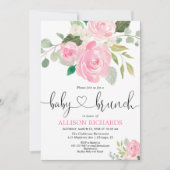 Invitation Bébé brunch fille douche aquarelles florales roses (Devant)