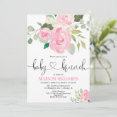 Invitation Bébé brunch fille douche aquarelles florales roses (Debout devant)