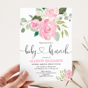 Invitation Bébé brunch fille douche aquarelles florales roses