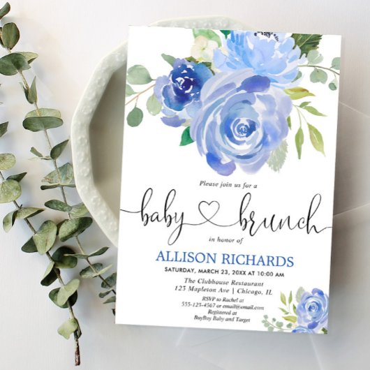 Invitation Bébé brunch garçon douche bleu floral aquarelles
