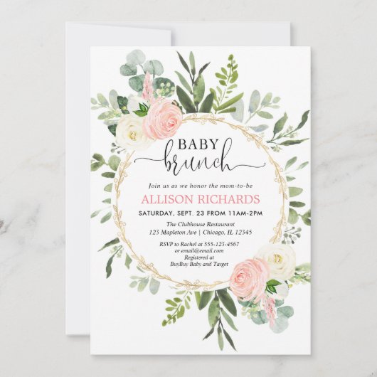 Invitation Bébé brunch rose or verdure fille baby shower (Devant)
