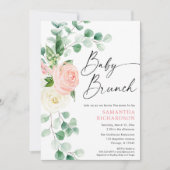 Invitation Bébé brunch rose vif verdure fleurie douche fille (Devant)