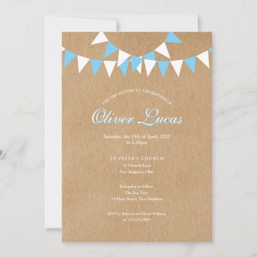 Invitation Bébé Bunting Baptême Bleu Rustique (Devant)