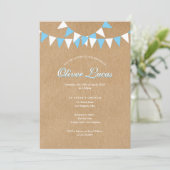 Invitation Bébé Bunting Baptême Bleu Rustique (Debout devant)