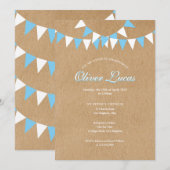 Invitation Bébé Bunting Baptême Bleu Rustique (Devant / Derrière)