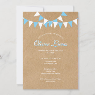 Invitation Bébé Bunting Baptême Bleu Rustique