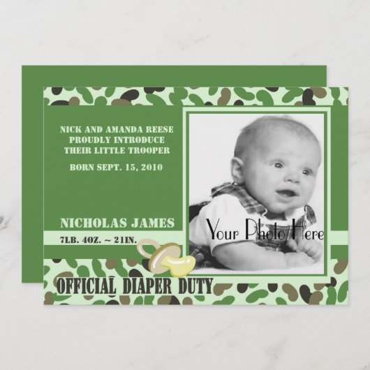 Invitation Bébé Camo/ Vert (Devant / Derrière)