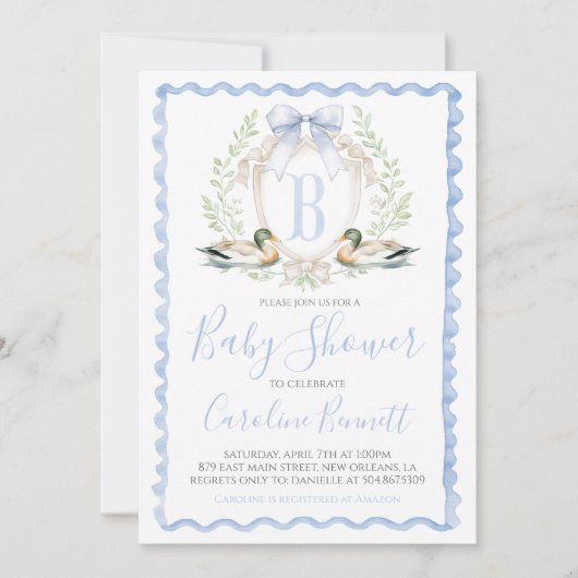 Invitation Bébé canard douche garçon Preppy En vichy bleu (Devant)