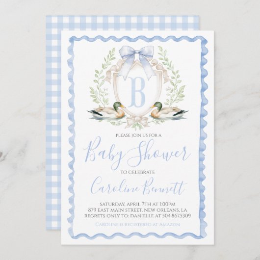 Invitation Bébé canard douche garçon Preppy En vichy bleu (Devant / Derrière)