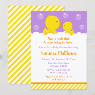 Invitation Bébé Canard en Caoutchouc Shower Jaune et Violet
