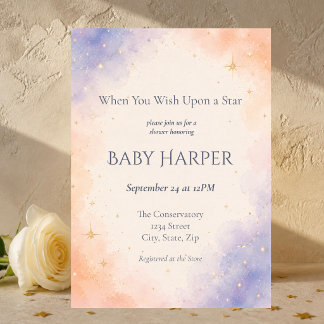 Invitation Bébé Céleste Pêche Pervenche Étoile Brillante