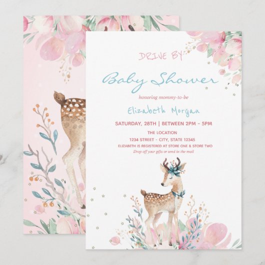 Invitation Bébé Cerf Floral Drive Par Baby shower (Devant / Derrière)