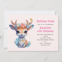 Bébé Cerf Mignon avec Bois et Fleurs Anniversaire