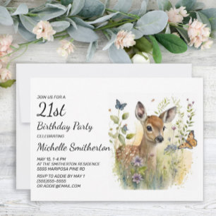 Invitation Bébé Cerf Papillon Feuillage Floral 21e anniversai