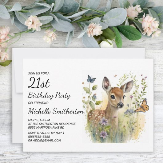 Invitation Bébé Cerf Papillon Feuillage Floral 21e anniversai