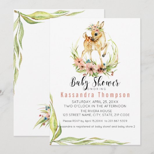 Invitation Bébé Cerf Pour Un Baby shower Bébé Fille (Devant / Derrière)