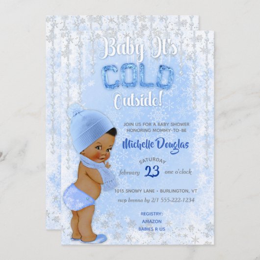 Invitation Bébé C'est Flocon de Neige Bleu Ethnique Garçon Do (Devant / Derrière)