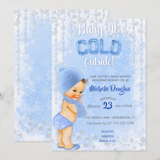 Invitation Bébé C'est Flocon de neige froide Icy Blue Boy Dou (Devant / Derrière)