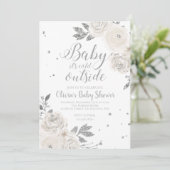 Invitation Bébé c'est froid dehors Baby shower floral argent (Debout devant)