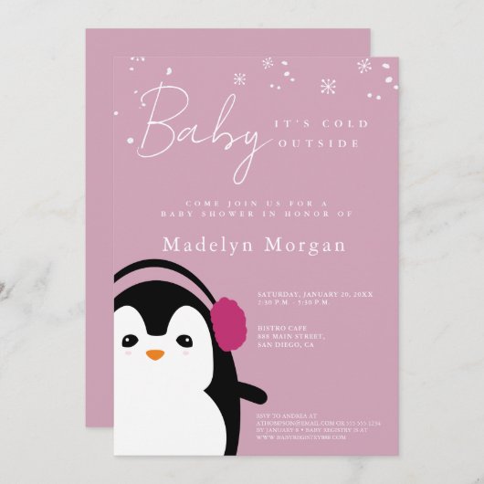Invitation Bébé C'est froid dehors fille mignonne Penguin ros (Devant / Derrière)