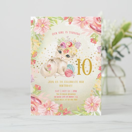 Invitation Bébé Chat Fleurs d'aquarelle Fille Anniversaire  (Debout devant)