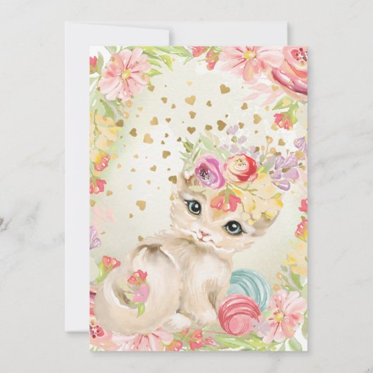 Invitation Bébé Chat Fleurs d'aquarelle Fille Anniversaire (Dos)
