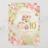 Invitation Bébé Chat Fleurs d'aquarelle Fille Anniversaire  (Devant / Derrière)