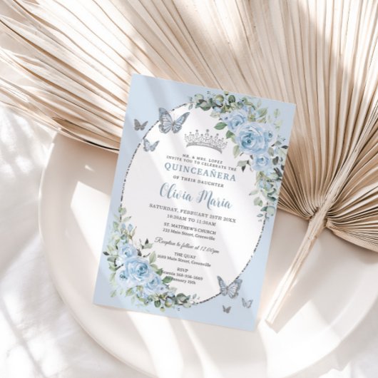 Invitation Bébé Chic Bleu Papillons Floraux Quinceañera