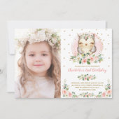 Invitation Bébé Chouette rousse Pink Gold Flowers Anniversair (Devant)