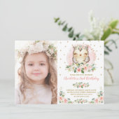 Invitation Bébé Chouette rousse Pink Gold Flowers Anniversair (Debout devant)