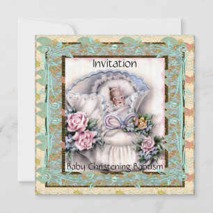Invitation Bébé Christening Baptême Sarcelle Vinta
