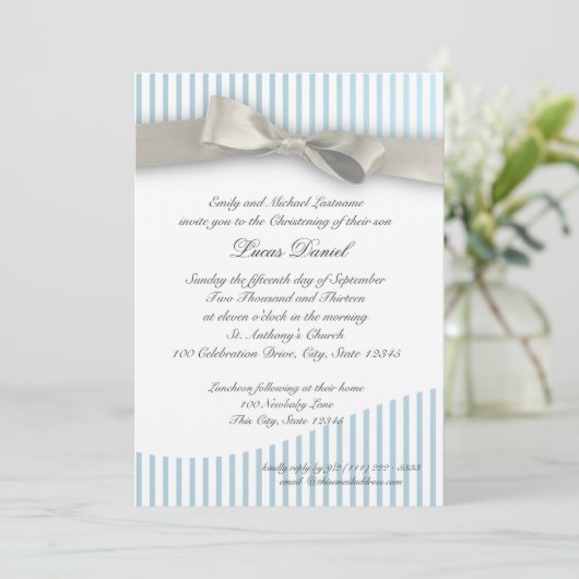 Invitation Bébé Christening Pinstripe avec Bow (Debout devant)
