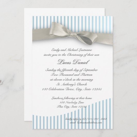 Invitation Bébé Christening Pinstripe avec Bow (Devant / Derrière)