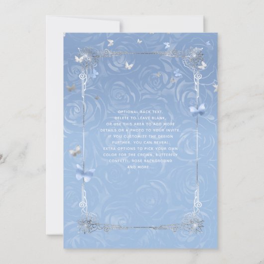 Invitation Bébé clair argent Bleu Roses élégant Quinceanera (Dos)