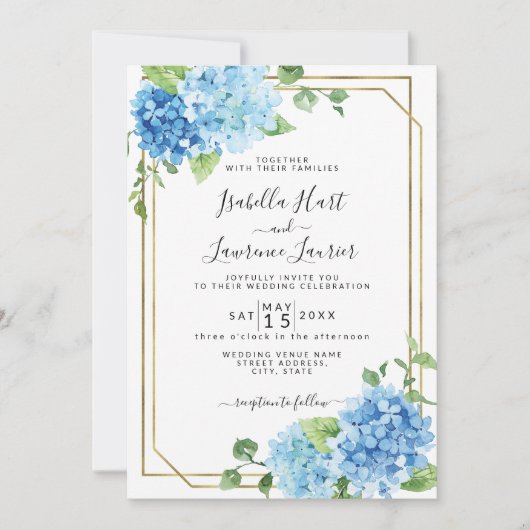 Invitation Bébé clair bleu Floral Hydrangea Mariage or (Devant)