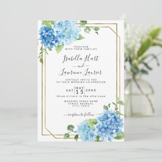 Invitation Bébé clair bleu Floral Hydrangea Mariage or (Debout devant)