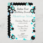 Invitation BÉBÉ & CO Turquoise Blue & Black Polka Dot Party (Devant / Derrière)