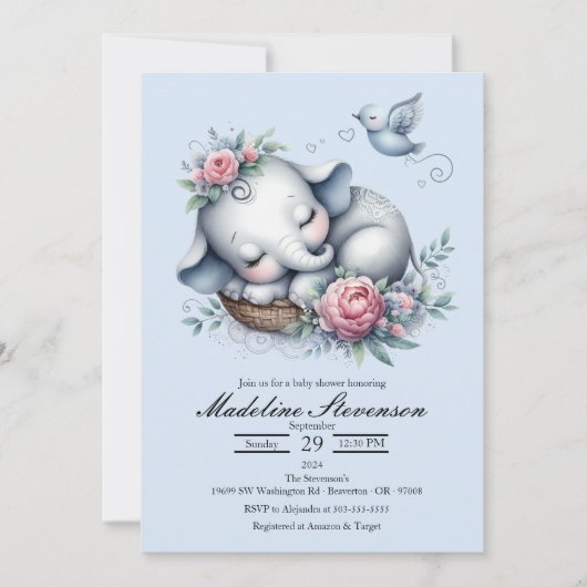 Invitation Bébé couché Eléphant Baby shower à thème (Devant)