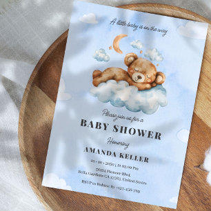 Invitation Bébé couché mou Ours bleu Baby shower nuage