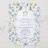 Invitation Bébé Crème Bleue Floral Wreath Or Quinceañera (Devant / Derrière)