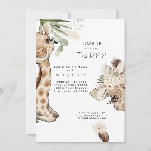 Invitation Bébé Cute Boho Giraffe Pampas fête d'anniversaire (Devant)