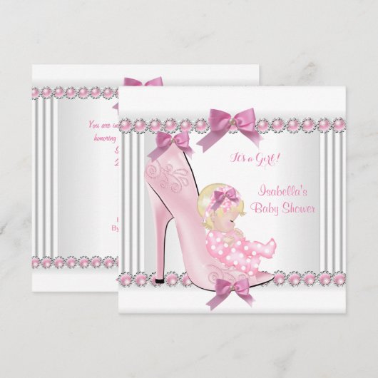 Invitation Bébé Cute Shower Fille Rose Points Chaussure à Tal (Devant / Derrière)