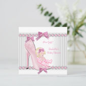 Invitation Bébé Cute Shower Fille Rose Points Chaussure à Tal (Debout devant)