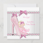 Invitation Bébé Cute Shower Fille Rose Points Chaussure à Tal (Devant)