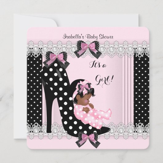 Invitation Bébé Cute Shower Fille Rose Points Chaussure à Tal (Devant)