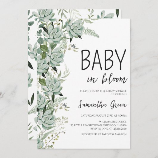 Invitation Bébé dans le Baby shower en fleur (Devant / Derrière)