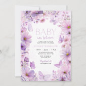 Invitation Bébé dans le Baby shower papillon pourpre en fleur (Devant)